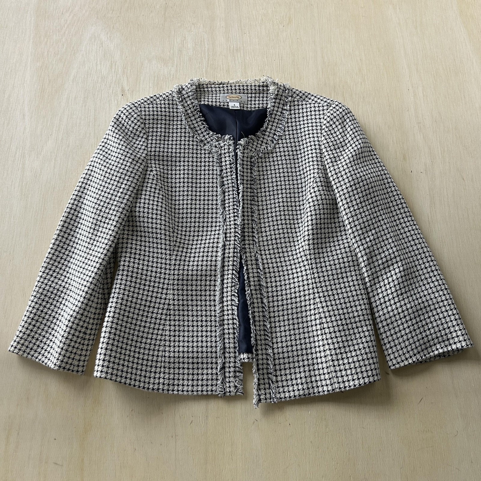 Talbots Blazer Jacket Womens 4 Black Check Tweed Open Front Lined Petites